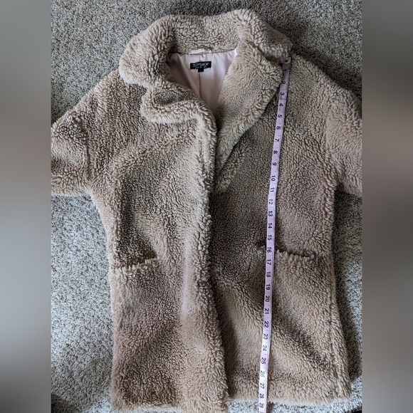 Topshop Tan Brown Teddy Mid Length Oversized Cozy Jacket with Pockets Sz 4 - Picture 10 of 11